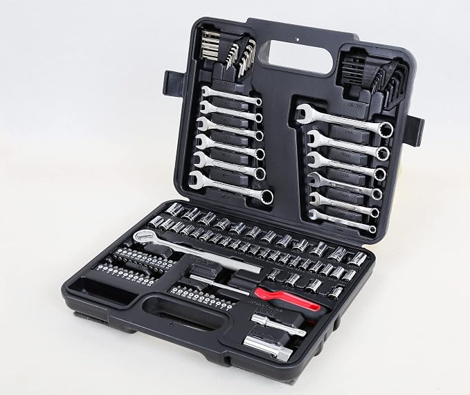 121-Piece Mechanics Tool Set, 1/4 & 3/8-Inch Drive | Metric and standard SAE socket wrench kit. General automotive repair hand tool set for car mechanics and garage DIY