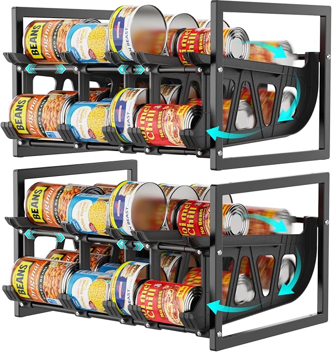 iSPECLE Can Storage Organizer Pantry - Auto-Rolling Expandable Hold 80 Cans | Stackable For Walk-in Deep Pantry Shelve, Adjustable Width for Food Cans, Sturdy Metal Frame, Easy Access & Restocking, Black