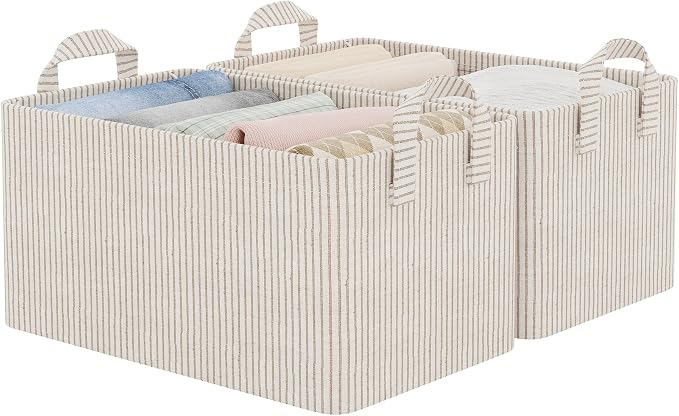 StorageWorks Storage Bins, Fabric Storage Bins for Shelves, Storage Baskets with Metal Frame, Closet Baskets and Bins with Handles, Khaki and Beige Stripes, 2-Pack