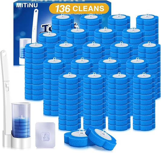 Disposable Toilet Brush with 136 Refills, Toilet Bowl Wand and Holder, White Toilet Cleaning Brush, Toilet Bowl Wand Kit Wall-Mounted, Toilet Brush Refill for Efficient and Deep Scrub Toilet