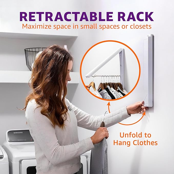 InstaHanger Wall Mounted Clothes Drying Rack - Collapsible, 60lb Capacity | Wall Mounted Laundry Drying Rack Folds Flat When Not In Use - Space Saving Laundry Hanger for Storage