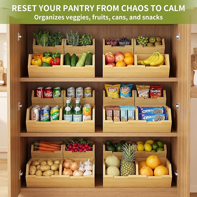 Bamboo Pantry Storage Bins, Potato and Onion Storage Bins for Countertop | Open Front Storage Bins, Large Capacity, Stackable Design, Cut-out Handles, FSC-certified Bamboo, No Assembly