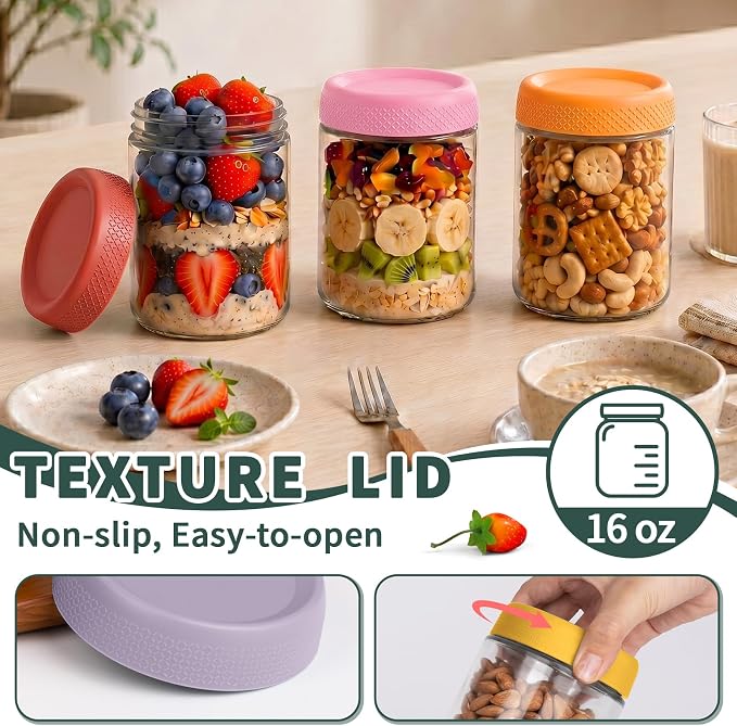 Overnight Oats Containers with Lid, Overnight Oats Jars, Glass Jar with Lid | 6 Pack Air Tight Overnight Oats Jars, Chia Pudding Glass Jars with Lids, Parfait Cups with Lids, Sugar Bowls for Yogurt