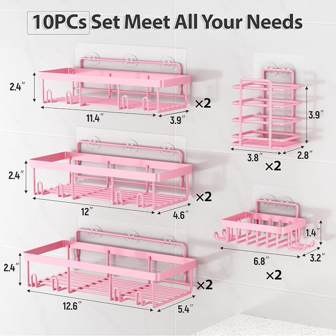Liuoud 10 Pack Shower Caddy Organizer Rack Shelf for Inside Shower, Self Adhesive Wall Storage Basket Rustproof Stainless Steel Shampoo Holder Bathroom Accessory Decor Set, Pink