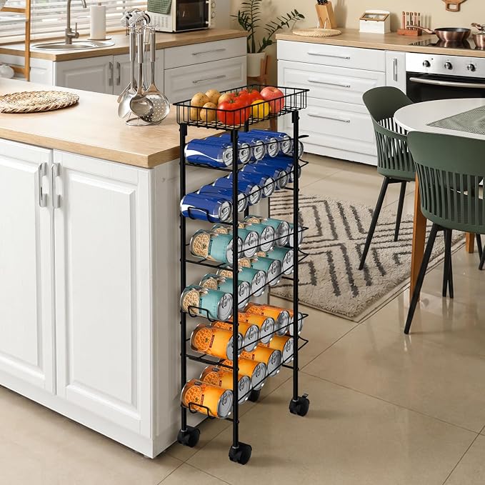 MOOACE Slim Soda Can Storage Cart with Wheels, Canned Food Organizer, Black | Rolling Cans Dispenser Rack, Top Basket, For Kitchen Pantry, Narrow Space