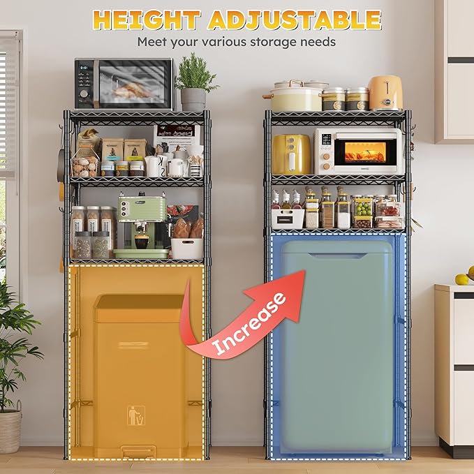 REIBII 3-Tier Mini Fridge Shelf with Storage, 264LBS Metal Shelving with 8 Hooks, Adjustable Height Organizer for Dorm, Kitchen, Apartment & Office, Microwave Rack, 26.38" Wx18.1 Dx65.36 H, Black
