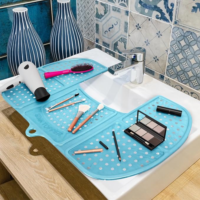 Sink Topper Bathroom Sink Cover for Counter Space, Large Blue | Holds up to 7 lb on a steel frame; fits over basins 19-23 in; 480°F silicone; foldable makeup mat; countertop extender
