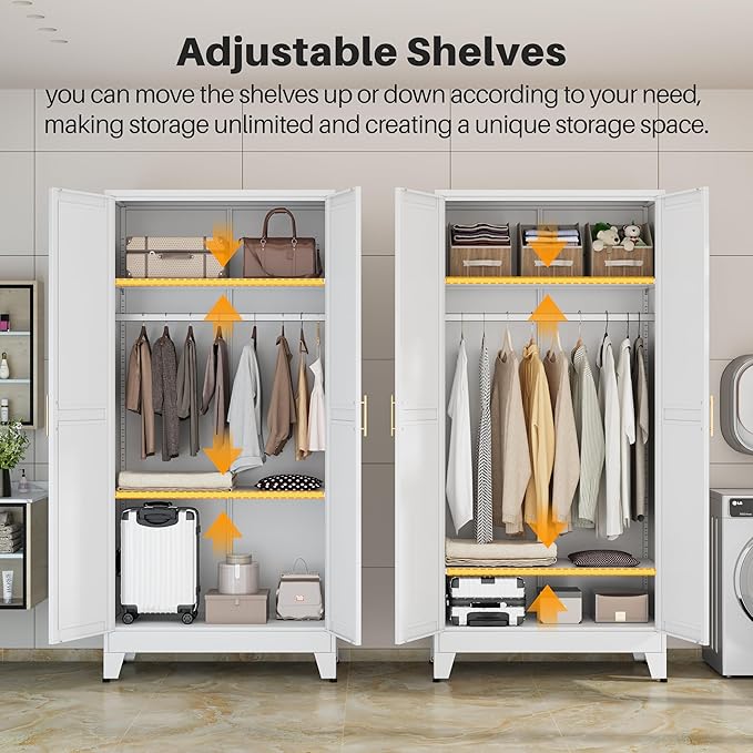 winiowa Metal Armoire Wardrobe Closet with 2 Doors, 71"' Wardrobe Cabinet with Adjustable Shelves and Hanging Rod, Clothing Storage Cabinet Closet for Bedroom-White