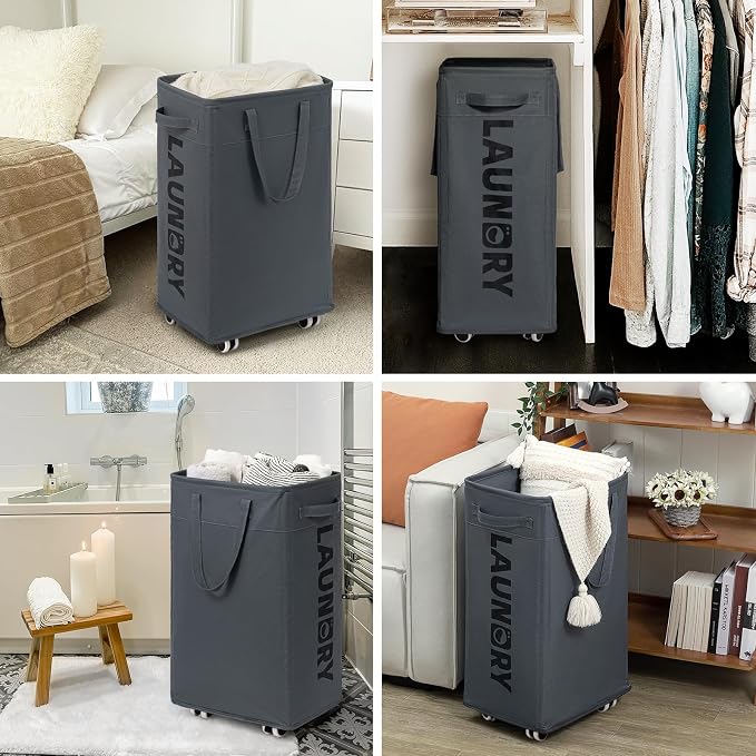 Goodpick 2-Pack Laundry Basket with Wheels & Wash Bag, Hamper for Dorm,75L | Laundry Hamper with Handles for Dirty Clothes, Clothes Hamper, Rolling Laundry Basket, Dorm Room Essentials, Grey
