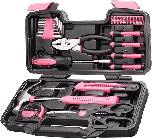 Cartman 39Piece Tool Set General Household Hand Tool Kit with Plastic Toolbox Storage Case Pink