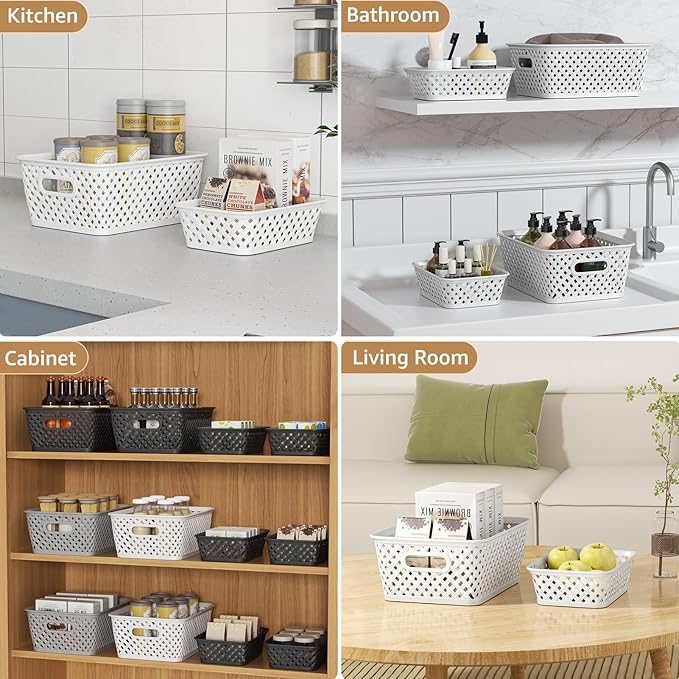 MaxGear Organization and Storage 3 Packs, Plastic Bins Organizer Bins, Woven Baskets for Storage, Plastic Baskets with Handles White Basket for Organizing, Basket Organizer for Home and Office, Medium