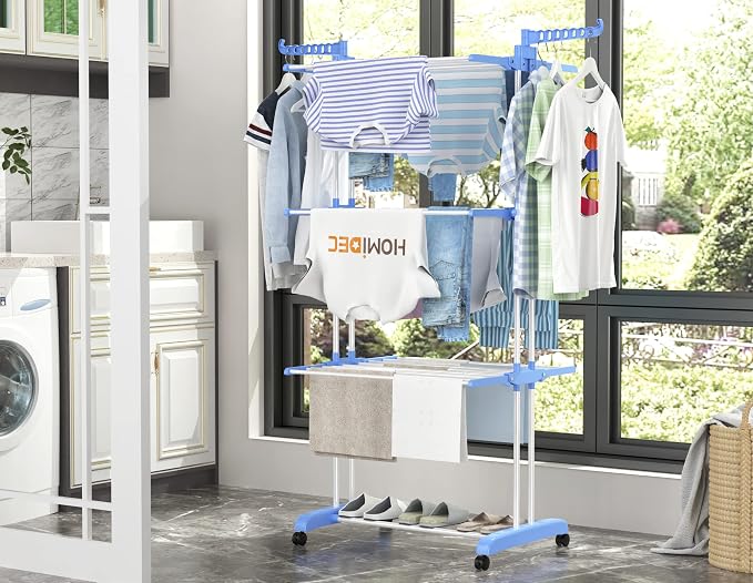 HOMIDEC Clothes Drying Rack, 4-Tier(67.7" H) Foldable Drying Rack Clothing | Foldable Stainless Steel Drying Rack, Movable Laundry Drying Rack with 4 Castors and 14 Hooks for Bed Linen, Clothing, Blue