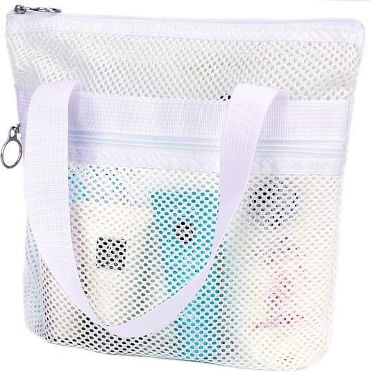 GYEUKHAM Portable Mesh Shower Caddy with 2 Zipper Pockets & Dual Handles, Quick-Drying Hanging Shower Tote for College Dorm, Gym, Travel & Camping, White