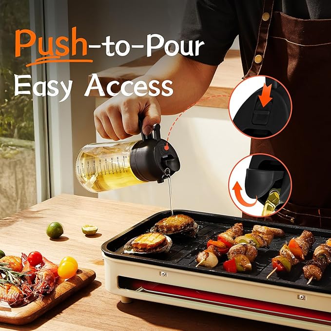 TrendPlain 16oz/470ml Glass Olive Oil Sprayer for Cooking – 2 in 1 Olive Oil Dispenser Bottle for Kitchen Gadgets and Air Fryer Accessories, Salad, BBQ - Black