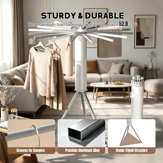 Clothes Drying Rack Foldable, Rotary Tripod Laundry Drying Rack,16 Aluminum Poles,Rotatable Portable Floor Standing Clothes Airer,Laundry Drying Rack Floor Standing