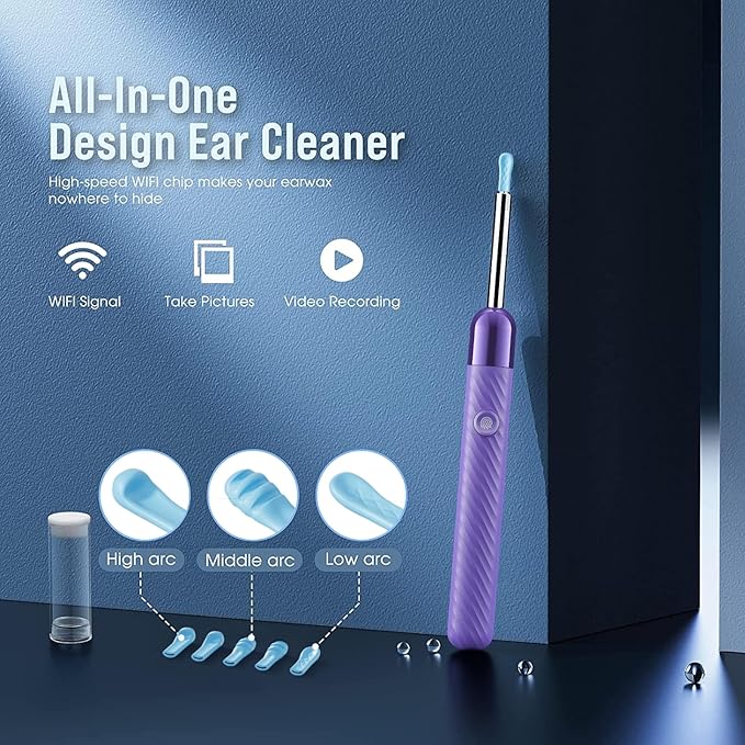 LEIPUT Ear Wax Removal Tool - Ear Cleaner with 1080P Camera - Ear Canal Cleaner - Ear Cleaning Kit with 6 Ear Spoon - Ear Camera for iOS & Android - Purple