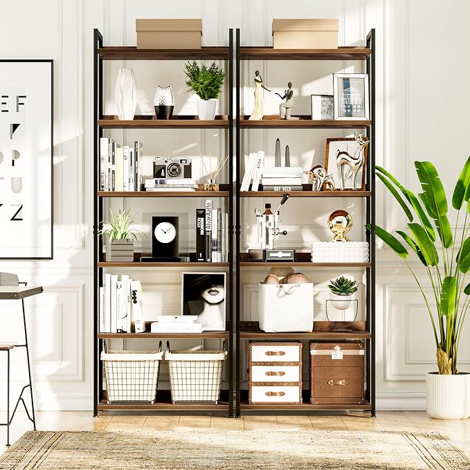 NUMENN Bookshelf, 6 Tier Freestanding Shelving Unit, Vintage | Metal Frame & Wood Shelves, Falling Prevention Baffle, Open Storage Bookcase for Bedroom, Living Room & Home Office