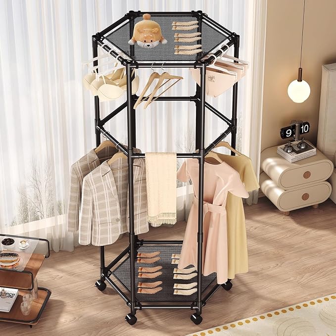 Clothes Rack with Wheels, Hexagonal Rolling Clothing Rack for Hanging Clothes, Clothes Drying Rack, Freestanding Garment Rack for Balcony, Living Room,White,2 Tiers