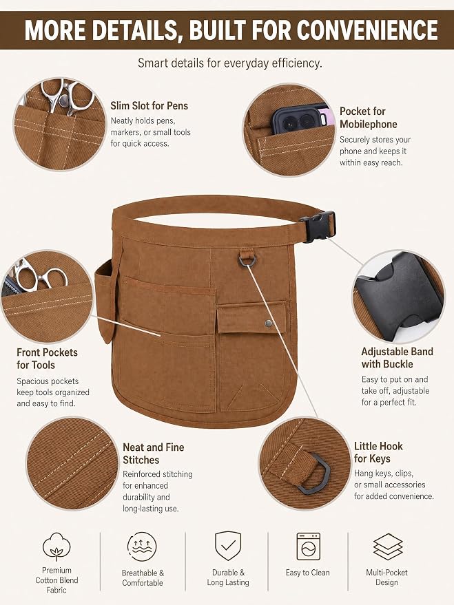 Molaxhome Waist Tool Apron with Multi-Pocket Adjustable Belt for Gardening | Adjustable Long Belt,Waitress Server Aprons,Tool Belt,Hairdressers,Work Apron
