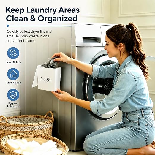 Magnetic Lint Bin with Lid for Laundry Room, Compact Plastic Dryer Lint Holder, Small Laundry Trash Container for Dryer Lint & Used Dryer Sheets, Space Saving Storage Decor Organizer (White)