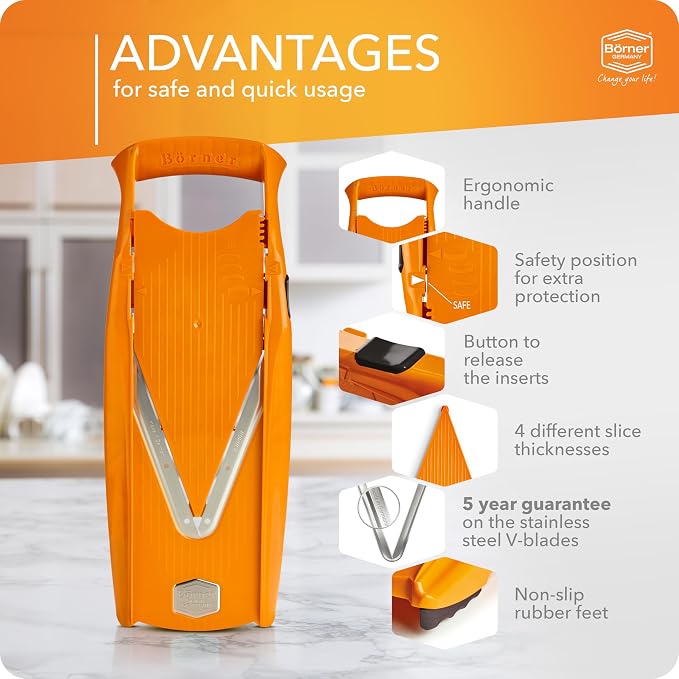 Mandoline Food Slicer Börner V5 (Basic Set) by Reston Lloyd • V-Slicer with Food Holder • Made in Germany • Fruit & Vegetable Chopper • Multiple Settings • Color: Orange