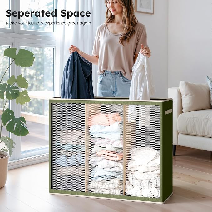 SOLEDI 180L 3-Section Laundry Hamper with Lid, Extra Large Dirty Clothes Basket with Sturdy Handles for Laundry Room & Bedroom - Durable Organizer for Sorting Laundry