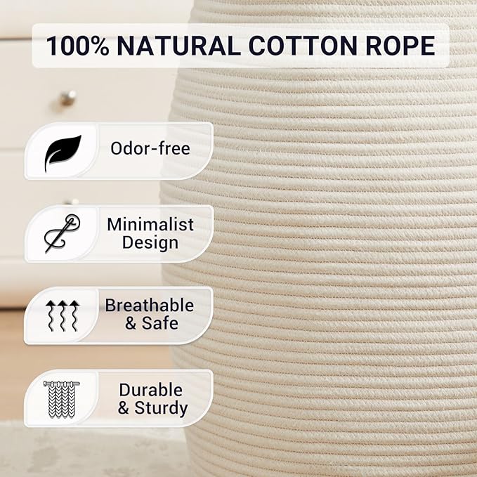 Large Laundry Hamper Basket 65L Woven Blanket Basket, Beige | Tall Clothes Hamper, Rope Wicker Laundry Basket, Storage Basket for Toys, Dirty Cothes in Bedroom, Living Room Organizer