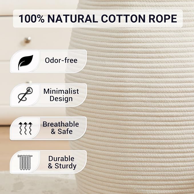 Extra Large Laundry Hamper Basket 105L Woven Blanket Basket, Beige | Tall Clothes Hamper, Rope Wicker Laundry Basket, Storage Basket for Toys, Dirty Cothes in Bedroom, Living Room Organizer