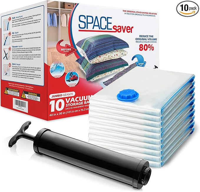 Spacesaver Jumbo Vacuum Storage Bags for Comforters, Blankets & Clothes – Vacuum Sealed Compression Bags with Hand Pump – Space Saver Storage Bags for Bedding, Moving, Travel & Organization (10 Pack)