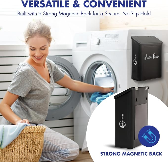 Magnetic Lint Bin for Laundry Room – Metal Lint Holder with Lid – Wall Mount & Magnetic Laundry Lint Bin Trash Can – Modern Farmhouse Style for Laundry Room Organization and Storage