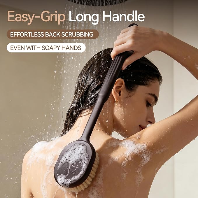 Back Scrubber for Shower for Men Women, Body Brush with Long Handle, Exfoliating Bath Washer with Soft Bristles for Wet or Dry Brushing, Back Scrub Deep Cleaning, Coffee Ground Infused