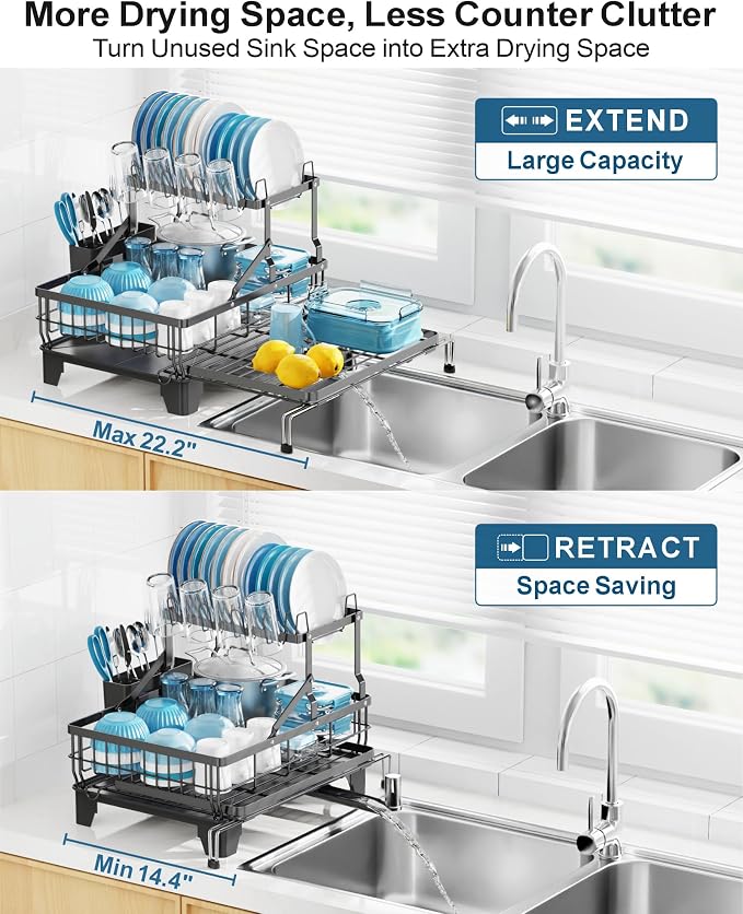 GSlife Large 2 Tier Dish Drying Rack, Expandable Multifunctional Dish Rack for Kitchen Counter, Rust-Resistant Dish Drainer with Utensil & Cup Holder, Auto-Drain, 16.9" W x 14.4"-22.4" L, Black