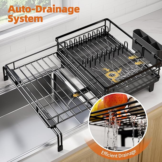 Urackify Dish Drying Rack - Large Dish Racks for Kitchen Counter, Extendable Sink Dish Drainer, Rustproof Dish Strainer with Utensil Holder, 1 Tier Black