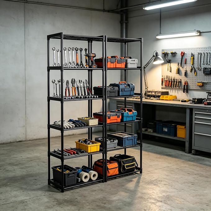 6-Tier Storage Shelves with Plastic Connectors – Metal Shelf Organizer for Pantry, Closet & Bathroom, Space-Saving Sturdy Shelving Unit Rack, Black， 17.3" x 12.8" x 70.9"