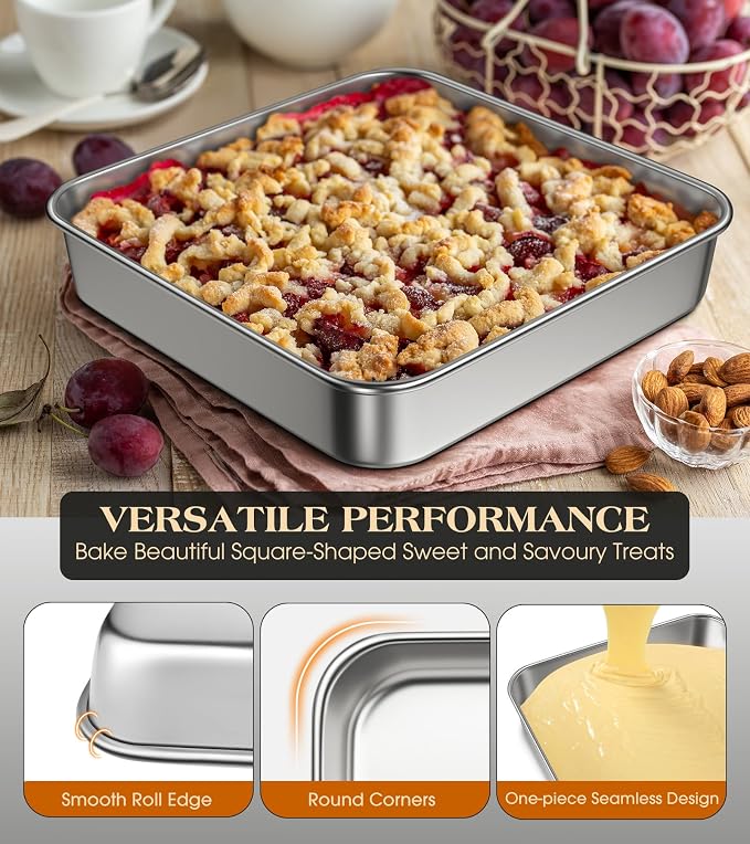 9 x 9-Inch Baking Pan with lid, 304 Stainless Steel Square Cake Pan, Commercial Grade Bakeware for Cakes Brownies Casseroles, Thicker Rectangle Sheet Cake Pans, Non-toxic & Heavy Duty &Dishwasher Safe