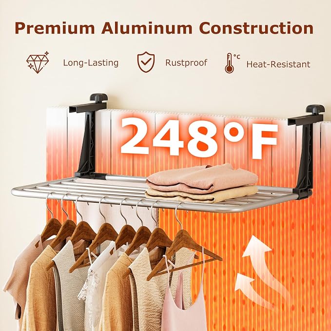Giantex Portable Clothes Drying Rack, 25.5" Aluminum Hanging Laundry Rack with Adjustable and Foldable Brackets, Radiator Airer, Indoor Outdoor Towel Rack for Balcony Railings, Windowsill