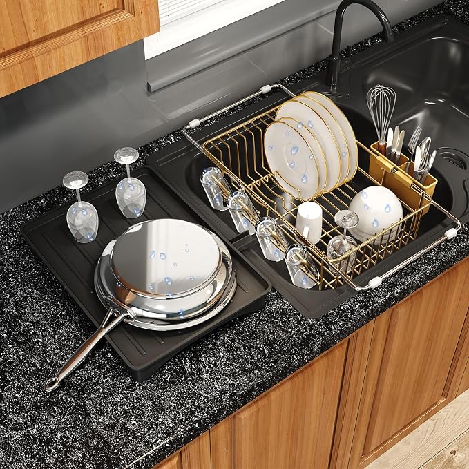 MAJALiS Gold Dish Drying Rack Over Sink with Utensil Holder, Drainboard | Expandable Stainless Steel Dish Drainer for Small Kitchen, Apartment, RV, Counter Space Saving, Perfect Fit, Rustproof
