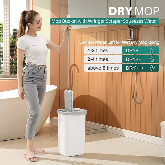 JOYMOOP White Flat Mop & Bucket with 1 Microfiber Pad, 12 Disposable Toilet Brushes, Stainless Steel Toilet Brush and Holder Set, Multi-Functional Cleaner for Floors, Windows, and Toilets
