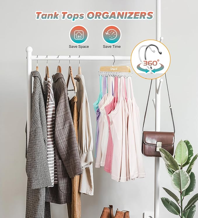 Gomyrod Tank Top Hanger, 2 Pack w/40 Hooks Bra Hanger for Closet Organizer | Premium Wood Space Saving Hanger, 360°Rotating Closet Organizers and Storage, Multi Hook Hanger for Dorm & Apartment