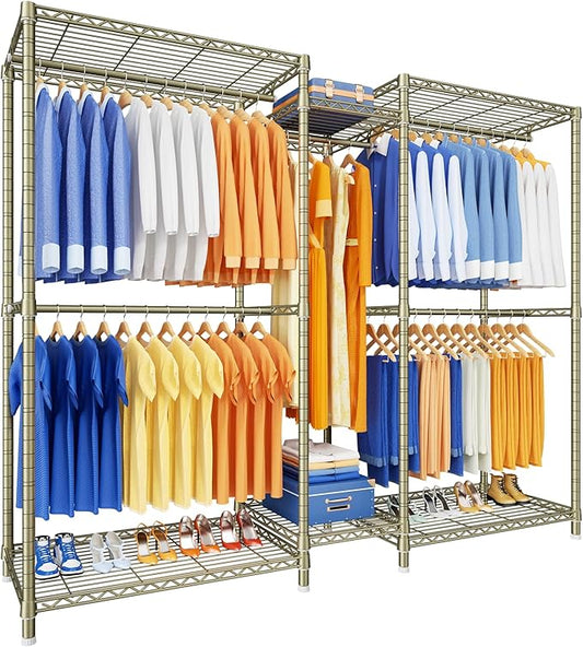Ulif E12 Pro Clothes Rack，Heavy Duty Freestanding Garment Rack with Shelves，Metal Clothing Closet Storage System for Hanging Clothes，71" W x 16" D x 76.5" H, Hold 960 lbs，Gold