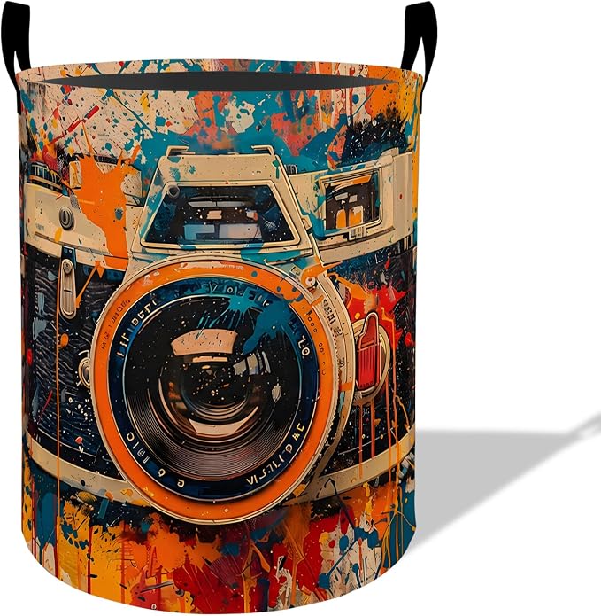 Vintage Camera Laundry Basket Hamper 19.7"x15.8", Organizer Bins Gifts for Kids Boys Girls, Retro Photographer Foldable Waterproof Oxford Clothes Storage Bucket for Bedroom Bathroom Decor