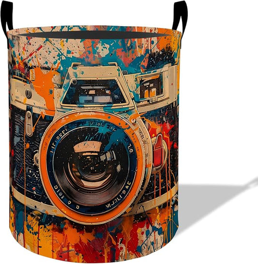 Vintage Camera Laundry Basket Hamper 19.7"x15.8", Organizer Bins Gifts for Kids Boys Girls, Retro Photographer Foldable Waterproof Oxford Clothes Storage Bucket for Bedroom Bathroom Decor