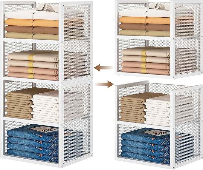 DAOUTIME 4-Tier Stackable Closet Organizers and Storage Basket, Wire Closet Shelf Organizer, Sweater Storage Oragnizer Bins, Multifunctional Clothes Storage Drawer Organizer for Wardrobe, White