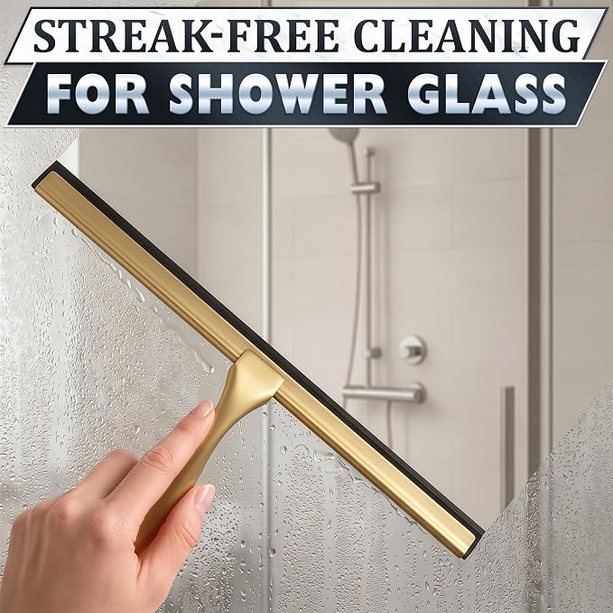 14 Inch Shower Door Squeegee - Gold Squeegee for Shower Glass with Stainless Steel Body, Silicone Blade, Adhesive & Hanging Hooks for Streak-Free Mirror, Tile, Window, Bathroom, Car, Everyday Home Use