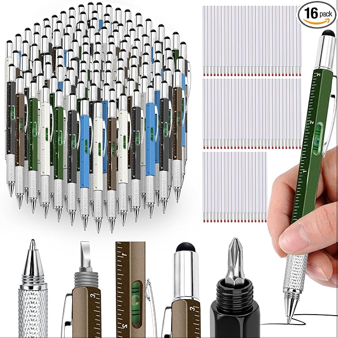 Zhanmai 16 Pcs 6 in 1 Multitool Pen Bulk Gift for Men Multi Tool Ballpoint Pen with Ruler Level Screwdriver Stylus Cool 40 Ink Refill Tool Gadget Birthday Christmas Stocking Stuffers (Multicolor A)