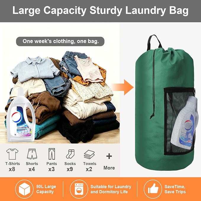 Laundry Bag Backpack Durable Laundry Bag with Shoulder Straps and Mesh Pockets Portable Laundry Hamper Dirty Clothes Bag for College, Travel, Laundromat, Apartment (Green)