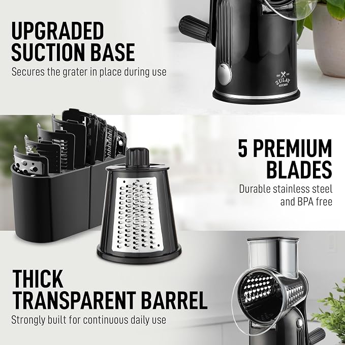 Zulay Kitchen Rotary Cheese Grater 5 Blade Cheese Shredder - Manual Hand Crank Cheese Grater With Reinforced Suction & 5 Interchangeable Drums - Easy to Use, Vegetable Chopper Round Mandoline Slicer