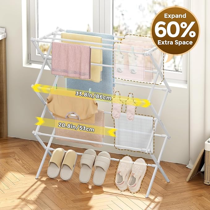 KINGBOARD 3-Tier Extendable Clothes Drying Rack, Small & Foldable, White | 37.4"H x 33.8"W x 11.2"D, Space-Saving Collapsible, Easy Assembly, Rust-Resistant Iron Frame, Indoor Outdoor Use, 25lb