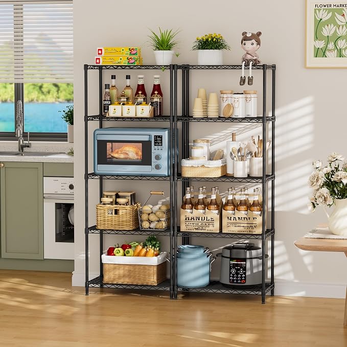 SINGAYE 5 Metal Shelves Wire Shelving Storage Shelf Adjustable Unit Pantry | 5 Tier Kitchen Laundry Room Organization Home Pantry Closet Bathroom Organizers Garage Rack 12" D x 22" W x 59" H Black