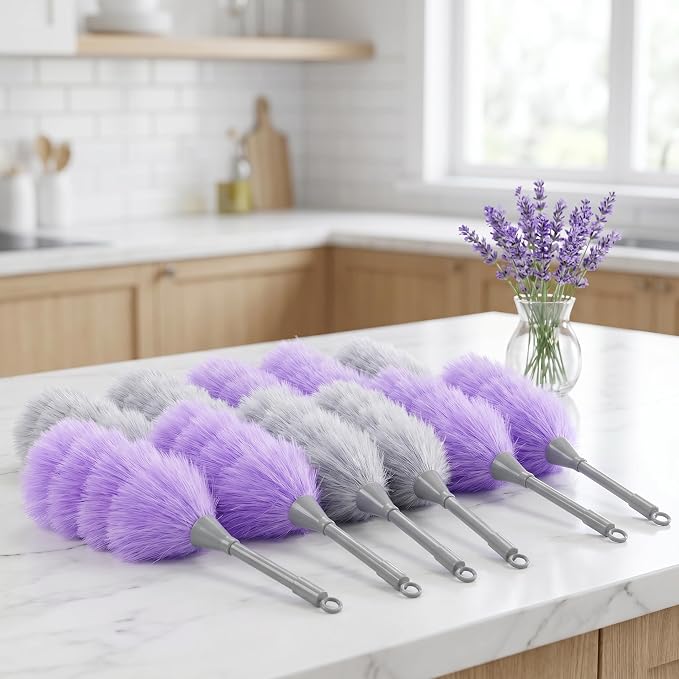 Goaste 12 Pack Microfiber Delicate Duster, 12.8 Inch Fluffy Feather Dusters with Plastic Handle, 2 Colors Electrostatic & Washable Cleaning Tool for TV Screen, Car, Laptop, Keyboard (Purple & Gray)